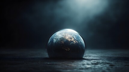 Fragile Planet Earth encased in a shimmering protective dome dramatically illuminated by a spotlight in a dark atmospheric environment