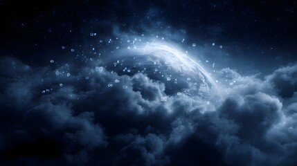 Glowing Earth enveloped by ethereal clouds and a swirling network of digital data icons symbolizing global connection and technological advancement