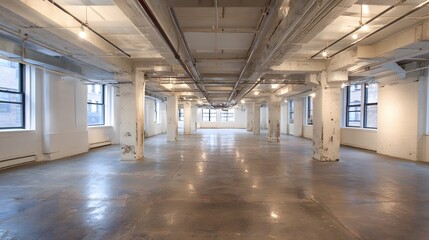 Large loft empty space wide open concrete floor industrial touch