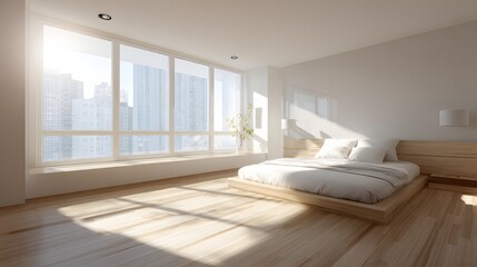 Fototapeta premium Urban modern house empty bedroom interior daylight minimal details