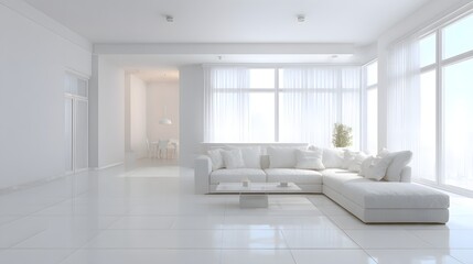 Minimal living room empty interior clean white tones wide open