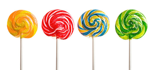 Four colorful swirl lollipops on sticks against a black background
