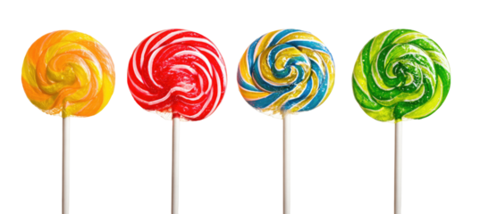 Four colorful swirl lollipops on sticks against a black background
