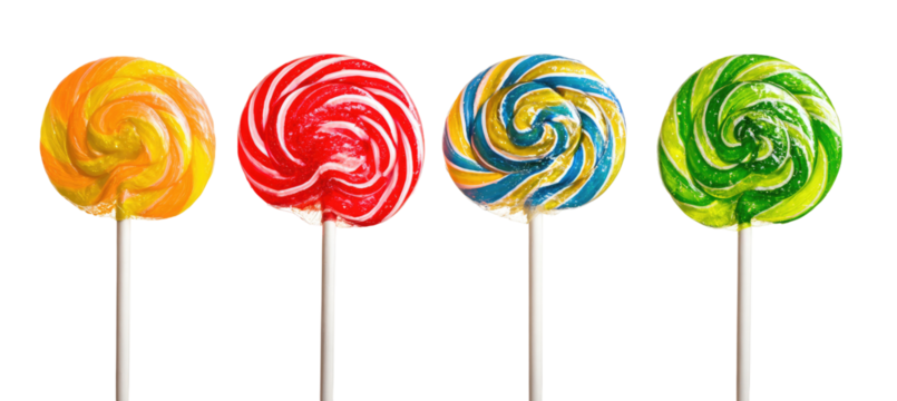 Four colorful swirl lollipops on sticks against a black background