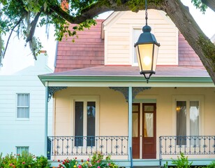 Charming light-filled porch on a pastel-colored house