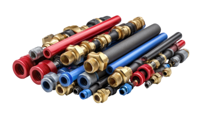 Assorted plumbing pipes and fittings in various colors