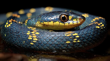 Fototapeta premium Striking blue and yellow snake resting on surface during nighttime in a lush environment showcases intricate scale patterns and vibrant colors