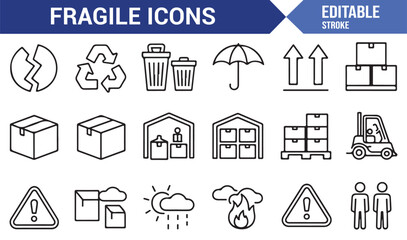 Line art fragile icon set featuring pallet, forklift, fragile glass, umbrella, and caution marks
