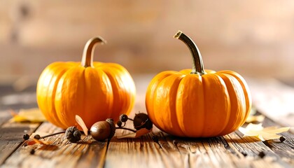 Two vibrant pumpkins sit on a rustic wooden surface, accented by autumnal leaves and acorns.