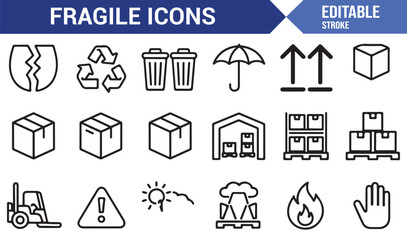 Editable stroke fragile icons collection with package handling, recycling, safety, and warehouse tools