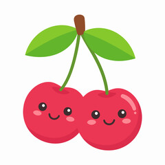 Cute Kawaii Cherries with Happy Faces and Green Leaves.