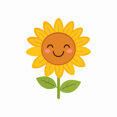 Cute cartoon sunflower with a happy face and green leaves.