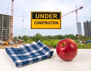 Checkered cloth and apple on a table, construction site in background