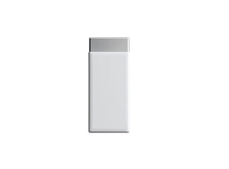 A rectangular, light gray portable battery