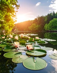 Sunrise over a serene lily pond
