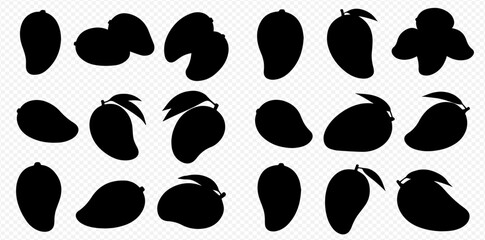A collection of black mango fruit silhouettes in various shapes and orientations on a transparent background.