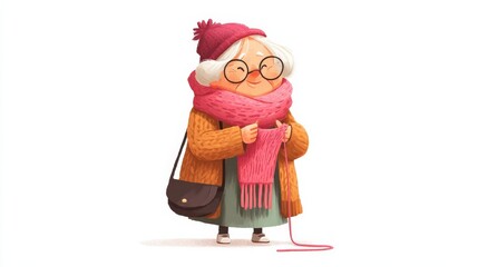 An elderly woman with white hair wears a red hat with pom-pom and round glasses, wrapped in a thick pink scarf,