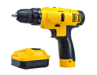 A bright yellow cordless drill, isolated on black, with a matching yellow battery.  The drill has a black handle and various controls visible