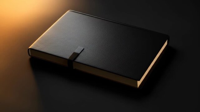 Elegant black leather bound notebook on dark surface with gold trim