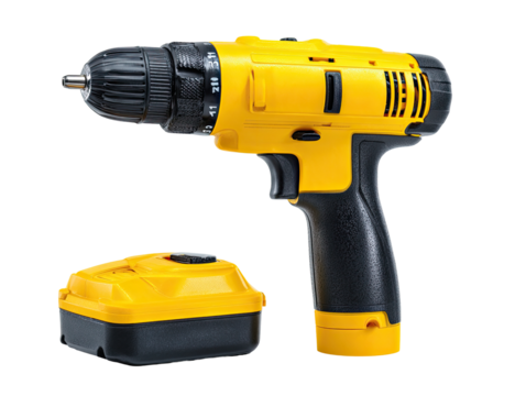 A bright yellow cordless drill, isolated on black, with a matching yellow battery.  The drill has a black handle and various controls visible
