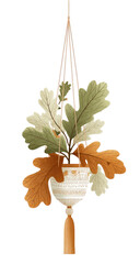 Hanging planter with autumnal leaves.  Beige, cream, and muted green leaves fill a light-colored pot suspended by a woven macrame