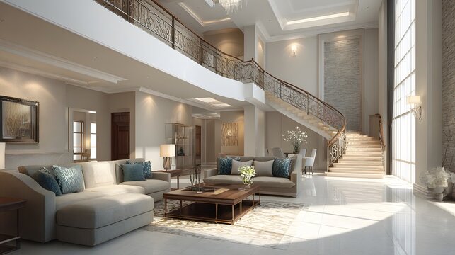 Luxury villa empty interior open floor plan high ceiling