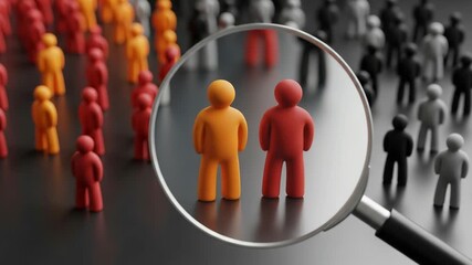 A magnifying glass focuses on two distinct figures, an orange and a red person, standing out from a blurred crowd of red, orange, and gray figures