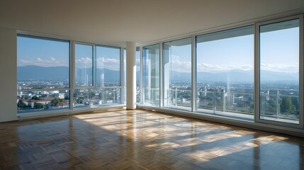 Spacious apartment empty living room glass wall panoramic view