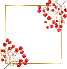 Golden frame with red berries and branches