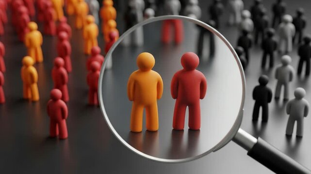 A magnifying glass focuses on two distinct figures, an orange and a red person, standing out from a blurred crowd of red, orange, and gray figures