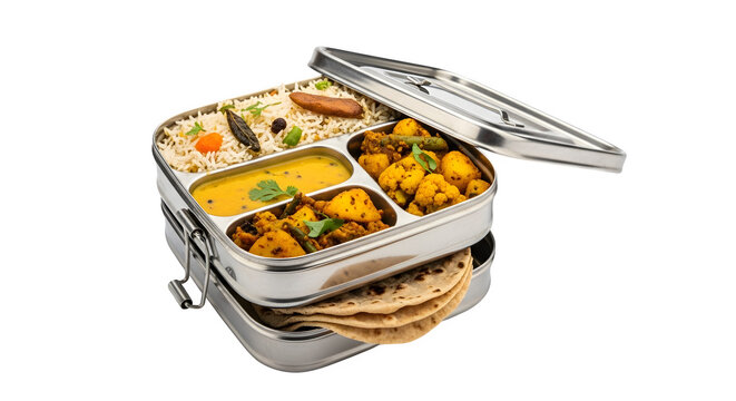 Indian lunch box isolated on transparent background filled with rice, curry, and roti