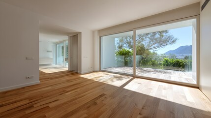 Fototapeta premium Spacious villa empty bedroom natural wood flooring daylight