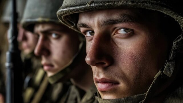 Group of soldiers in uniform posing for the camera, serious expressions