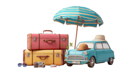 Summer vacation scene with suitcases, umbrella, and vintage car
