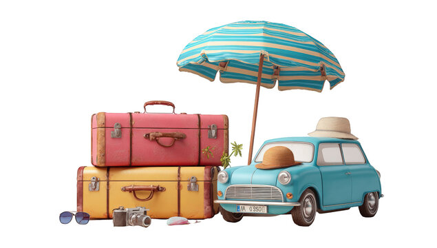 Fototapeta Summer vacation scene with suitcases, umbrella, and vintage car