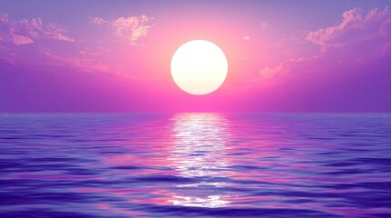 Fototapeta premium Serene sunset over calm water with vibrant pink purple blue hues sun partially submerged at horizon casting radiant ligh