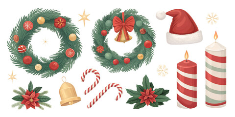 Christmas decoration PNG set with wreaths, ornaments, candles, candy canes, Santa hats, isolated on transparent background