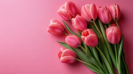 Fototapeta premium Pink tulips flat lay on pastel pink background with copy space. Spring floral border for Mothers Day, Womens Day banner, minimalist top view