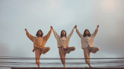 Three women balancing on a rooftop while holding hands at sunset in a city