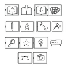 Digital Icons: A modern array of digital icons, neatly arranged in a grid, reflecting various functions. Capturing the essence of user experience and technological versatility.