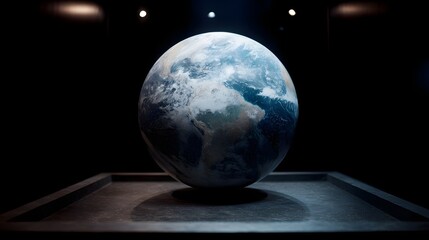 Fototapeta premium A detailed model of planet Earth showcasing vibrant continents and oceans dramatically illuminated by spotlights in a dark exhibit