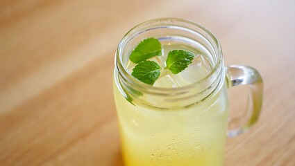 Fototapeta premium Refreshing Lemonade in a Mason Jar with Mint on a Wooden Table