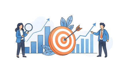 Illustration depicting business professionals analyzing growth charts and a bullseye target, symbolizing strategic planning and achievement of goals.  Upward trends showcase successful implementation.