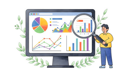 A person examines colorful charts and graphs displayed on a computer screen using a magnifying glass, illustrating data analysis and business insights.