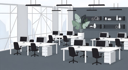 A contemporary office space featuring rows of white desks, black chairs, and large windows offering ample natural light.  Minimalist decor adds a clean, professional feel.