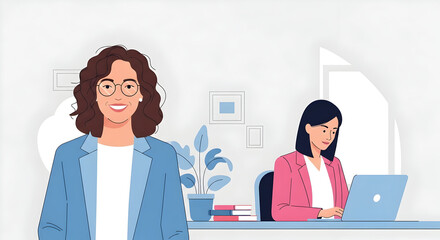 Two professional women in a modern office setting. One stands confidently, the other works diligently on a laptop.  Clean lines and pastel colors create a calm, productive atmosphere.