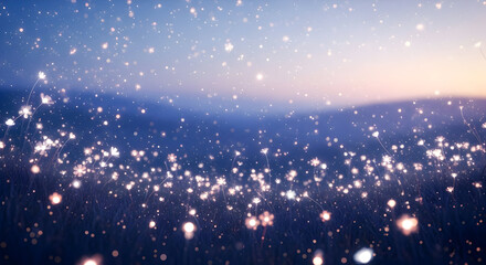 Luminous flowers illuminate a twilight field, their soft glow contrasting against a dusky sky filled with shimmering particles.  A dreamy, ethereal scene.
