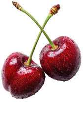 Two ripe, dark red cherries with water droplets, stems crossed