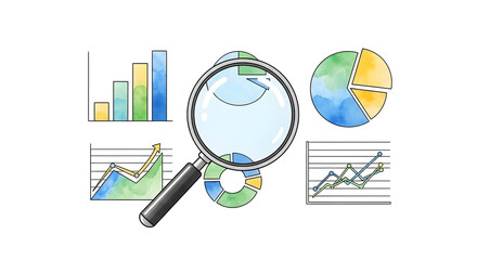 Watercolor charts and graphs are examined using a magnifying glass, illustrating data analysis and the search for insights and trends in business performance or market research.