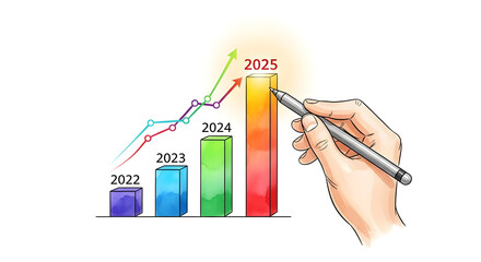 A hand draws on a bar graph illustrating projected growth from 2022 to 2025.  The upward trend showcases significant anticipated increase.